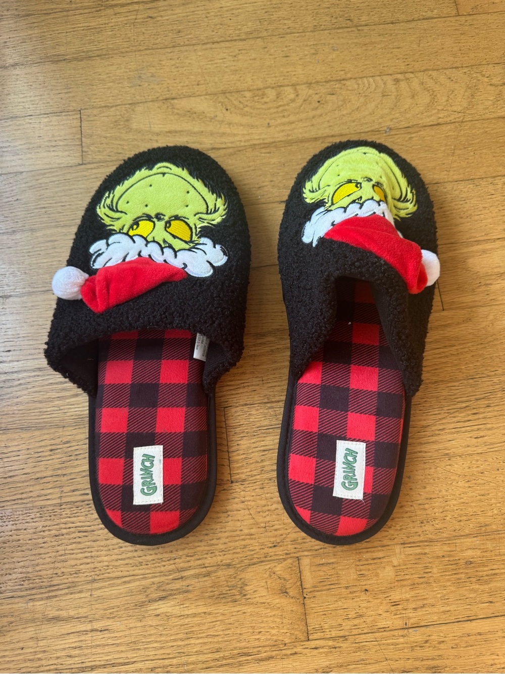 The Grinch Plush Holiday Slippers - Black with Red Buffalo Check